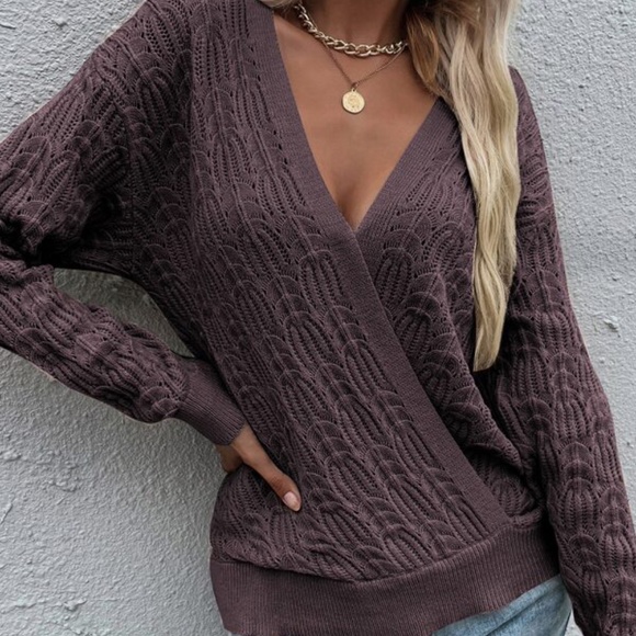 Bellanblue Sweaters - Brown Surplice Textured Knit Sweater Top Minimalist